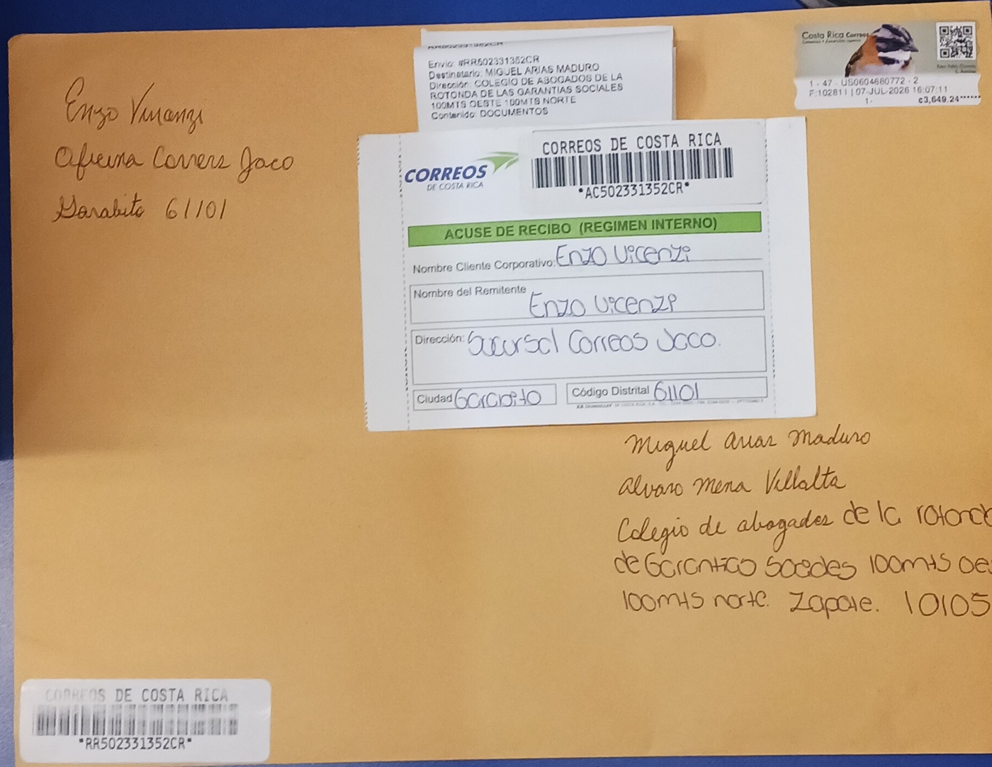Beweise von Enzo Vincenzi, der seine Strafanzeige per zertifizierter Post verschickt.