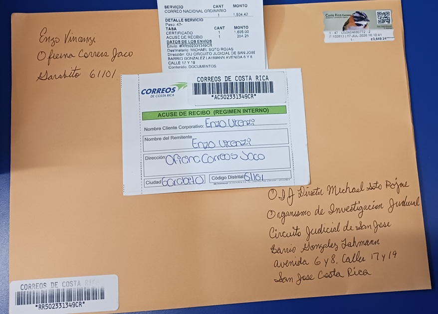 Beweise von Enzo Vincenzi, der seine Strafanzeige per zertifizierter Post verschickt.